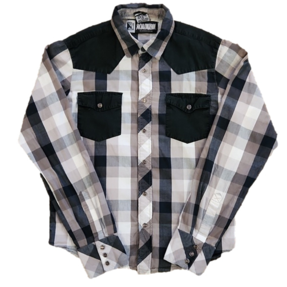 3/$20 Social Collision Black & Brown Square Print Snap Button-Up Shirt
